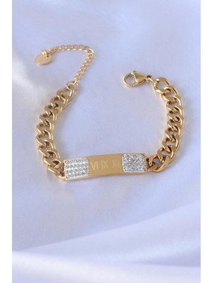Ebijuteri 316L Çelik Gold Renk Zincir Model Işleme Detay Zirkon Taşlı Kadın Bileklik