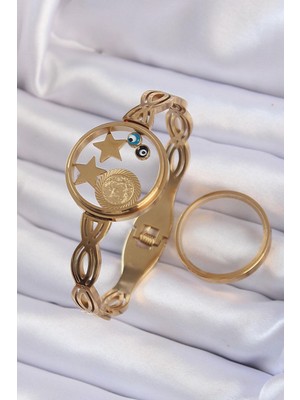 Ebijuteri 316L Çelik Altın Renk Içi Nazar Boncuk ve Yıldız Figürlü Açılabilir Fanus Kelepçe