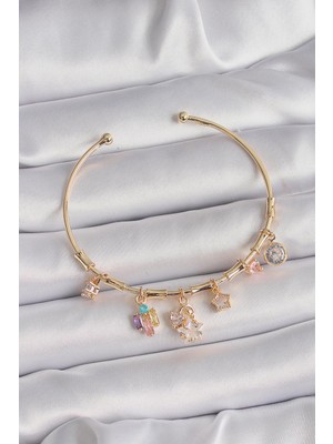 Ebijuteri Pirinç Gold Renk Çoklu Sallantı Zirkon Taşlı Yıldız Figür Charm Bileklik