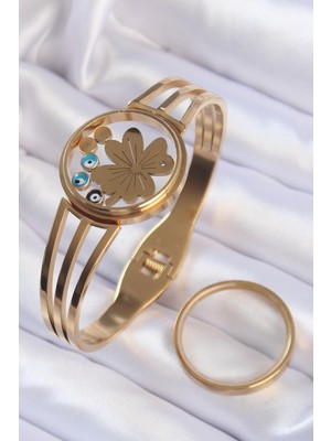 Ebijuteri 316L Çelik Altın Renk Içi Yonca ve Nazar Boncuk Figürlü Açılabilir Fanus Kelepçe