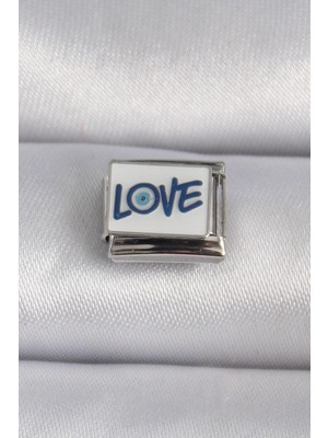 Ebijuteri 316L Çelik Gümüş Renk Beyaz Mavi Love Yaz Işlemeli Nomination Charm