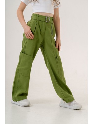 Kız Çocuk Yan Cepli Kemerli Keten Pantolon G2551
