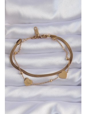 Ebijuteri 316L Çelik Gold Renk Kalpli Model Italyan Zincirli Bileklik