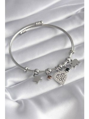 Ebijuteri 316L Çelik Gümüş Renk Zirkon Taşlı Kalp Figür Fil Detay Charm Model Kadın Bileklik