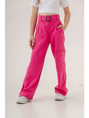 Kız Çocuk Yan Cepli Kemerli Keten Pantolon G2551