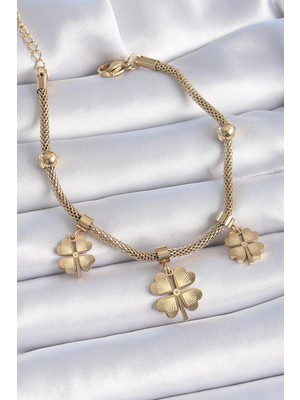 Ebijuteri 316L Çelik Gold Renk Hasır Zincir Model Sallantı Yonca Figür Kadın Bileklik