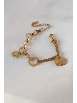 Ebijuteri 316L Çelik Gold Renk 2'li Zincir Model Zirkon Taş Detay Kadın Bileklik