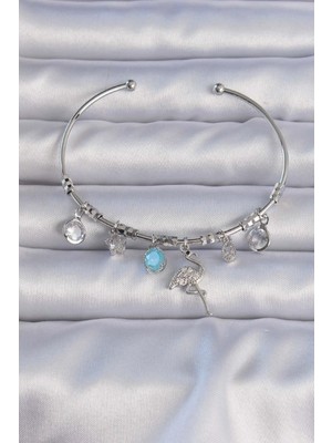 Ebijuteri Pirinç Gümüş Renk Zirkon Taşlı Flamingo Figürlü Charm Bileklik