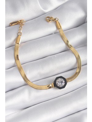 Ebijuteri 316L Çelik Gold Renk Zirkon Taşlı Italyan Zincir Model Kadın Bileklik