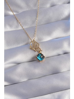 Ebijuteri 316L Çelik Zincir Gold Renk Zirkon Taşlı Kelebek Figürlü Gezegen Kolye