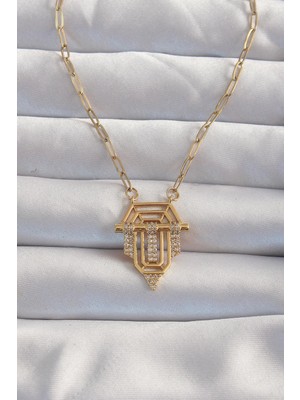 Ebijuteri 316L Çelik Gold Renk Zirkon Taşlı Serenay Kolyesi
