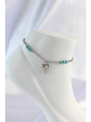 Ebijuteri 316L Çelik Gümüş Renk Mavi Taş Detay Kalpli Halhal