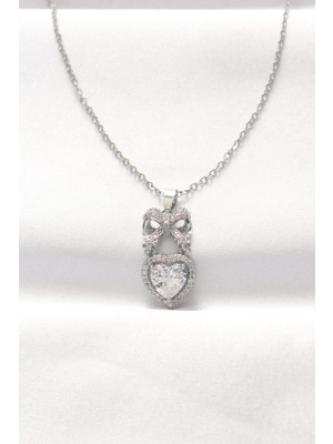 Ebijuteri 316L Çelik Silver Renk Zirkon Taşlı Kalpli Fiyonk Kolye