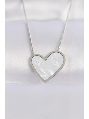 Ebijuteri 316L Çelik Zincir Gümüş Renk Mermer Desenli Kalp Kolye