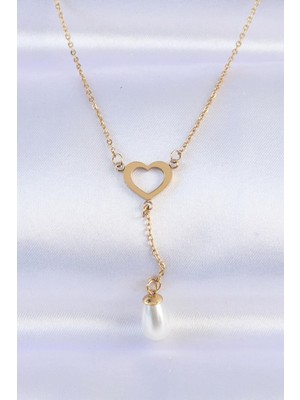 Ebijuteri 316L Çelik Zincir Gold Renk Inci Taş Detay Kalp Kolye