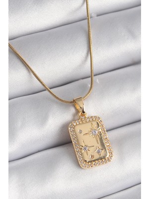 Ebijuteri 316L Çelik Gold Renk Zirkon Taşlı Yıldız Işleme Madalyon Kadın Kolye