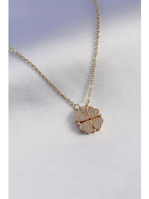 Ebijuteri 316L Çelik Gold Renk Açılır Zirkon Taşlı Yonca Model Kadın Kolye