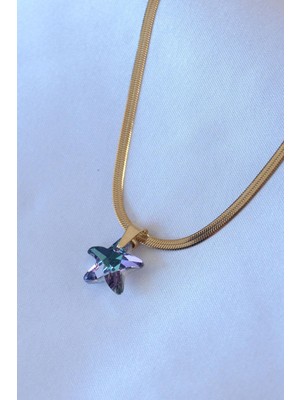 Ebijuteri 316L Çelik Gold Renk Italyan Zincir Model Kristal Deniz Yıldız Model Kadın Kolye