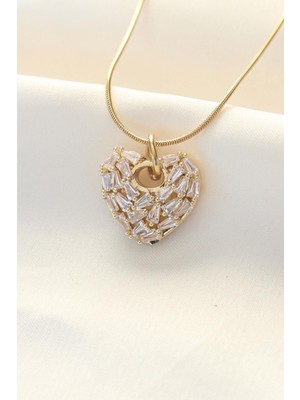 Ebijuteri 316L Çelik Gold Renk Zirkon Taşlı Kalp Kolye