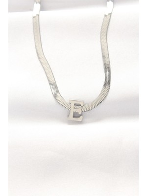 Ebijuteri 316L Çelik E Harfli Silver Renk Italyan Zincirli Kolye