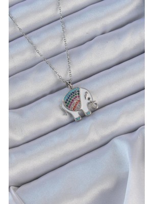 Ebijuteri 316L Çelik Zincir Gümüş Renk Mineli Renkli Zirkon Taşlı Fil Kolye