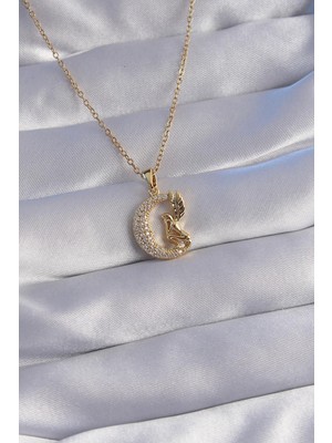 Ebijuteri 316L Çelik Zincir Gold Renk Kuş Figürlü Zirkon Taşlı Ay Tasarımlı Kolye