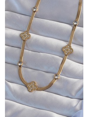 Ebijuteri 316L Çelik Italyan Zincirli Gold Renk Zirkon Taşlı Yonca Model Kolye