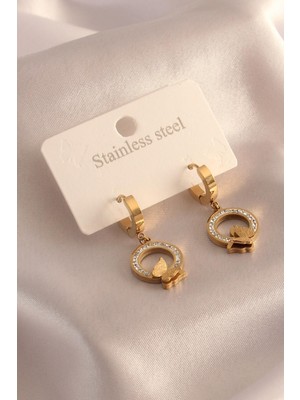 Ebijuteri 316L Çelik Gold Renk Halka Model Kelebek Detay Zirkon Taşlı Kadın Küpe