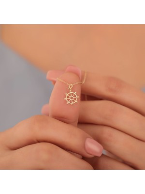 Nox Jewelry 14 Ayar Altın Mikron Kaplama Gemi Dümeni Gümüş Kolye – Minimal Denizci Tasarım- CN00400