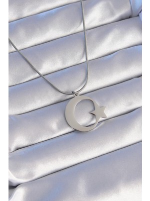 Ebijuteri 316L Çelik Gümüş Renk Ay Yıldız Model Unisex Kolye