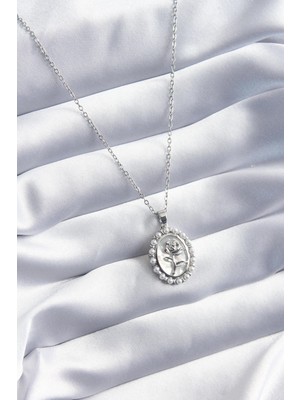 Ebijuteri 316L Çelik Gümüş Renk Gül Model Inci Detay Kadın Kolye