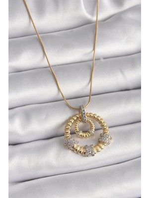 Ebijuteri 316L Çelik Gold Renk Zincir Gümüş Zirkon Taşlı Madalyon Model Kadın Kolye