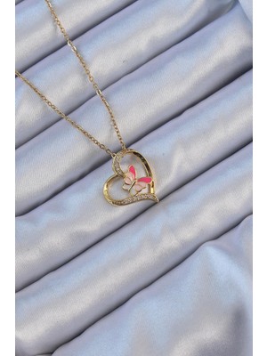Ebijuteri 316L Çelik Zincir Altın Renk Mineli Kelebek Figür Zirkon Taşlı Kalp Kolye