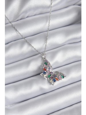 Ebijuteri 316L Çelik Gümüş Renk Zirkon Taşlı Kelebek Model Kadın Kolye