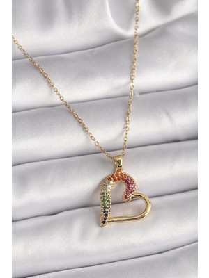Ebijuteri 316L Çelik Gold Renk Zincir Renkli Zirkon Taşlı Kalp Model Kadın Kolye