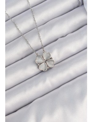 Ebijuteri 316L Çelik Zincir Gümüş Renk Sedefli Kalp Figürlü Yonca Kolye