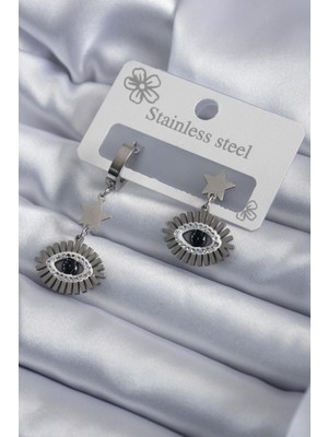 Ebijuteri 316L Çelik Gümüş Renk Zirkon Taş Detay Kadın Küpe