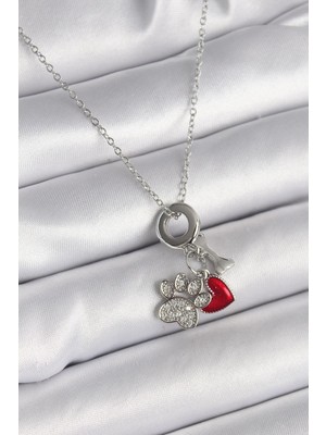 Ebijuteri 316L Çelik Gümüş Renk Zincir Zirkon Taşlı Pati Figür Kalp Detay Kadın Kolye