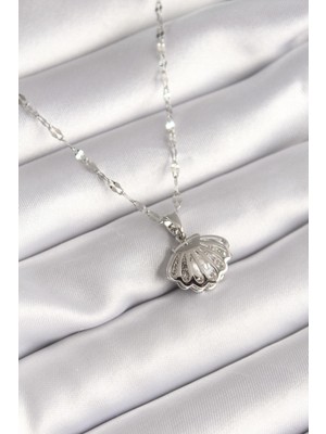 Ebijuteri 316L Çelik Gümüş Renk Zincir Açılır Istiridye Model Inci Detay Kadın Kolye