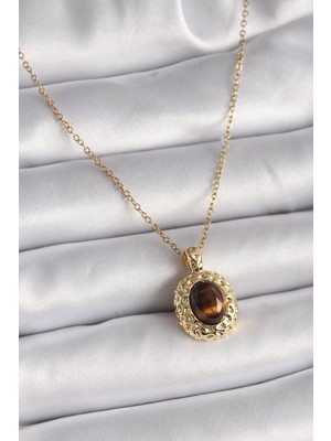 Ebijuteri 316L Çelik Gold Renk Zincir Kehribar Boncuk Model Kadın Kolye