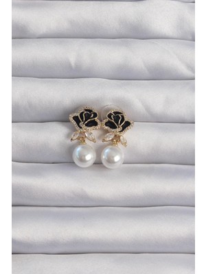 Ebijuteri Pirinç Gold Renk Zirkon Taşlı Inci Detay Siyah Gül Küpe