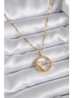 Ebijuteri 316L Çelik Zincir Gold Renk Işleme Detay Halka Kalp Model Kadın Kolye