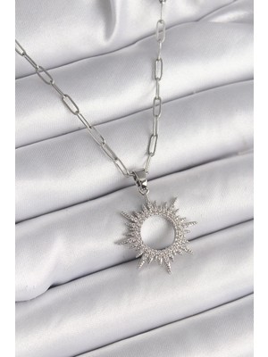 Ebijuteri 316L Çelik Gümüş Renk Zincir Zirkon Taşlı Güneş Model Kadın Kolye