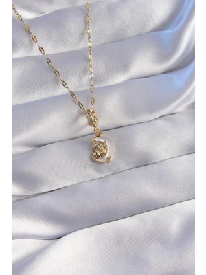 Ebijuteri 316L Çelik Zincir Gold Renk Zirkon Taşlı Sedefli Ay Figürlü Kolye