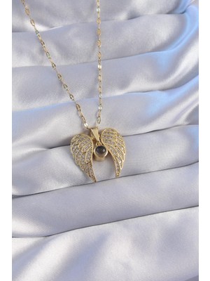 Ebijuteri 316L Çelik Zincir Gold Renk Zirkon Taşlı Kanat Figürlü Projeksiyon Kolye