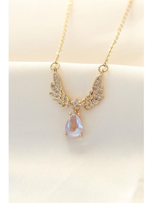 Ebijuteri 316L Zinciri Çelik Zirkon Taşlı Gold Renk Kanatlı Damla Kolye