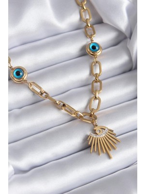 Ebijuteri 316L Çelik Gold Renk Göz Model Zirkon Taş Nazar Boncuk Detay Kadın Kolye