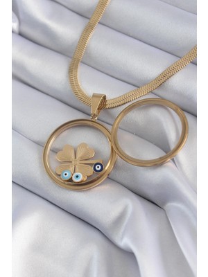 Ebijuteri 316L Çelik Gold Renk Italyan Zincir Açılabilir Fanus Yonca Figür Model Kadın Kolye