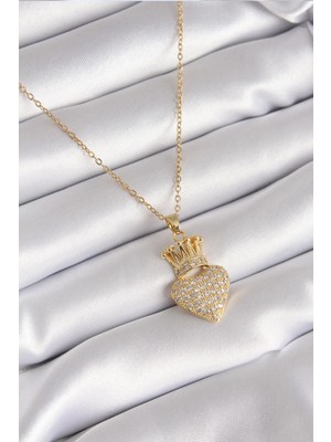 Ebijuteri 316L Çelik Gold Renk Zirkon Taşlı Taçlı Kalp Model Kadın Kolye