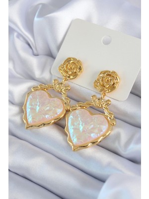 Ebijuteri Gold Renk Gül Sallantı Kalp Model Pirinç Vip Kadın Küpe